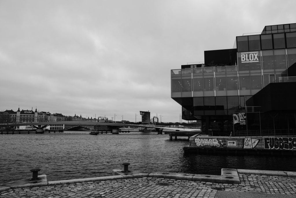 BLOX BLOX architecture centre on the Copenhagen harbour front, black and white