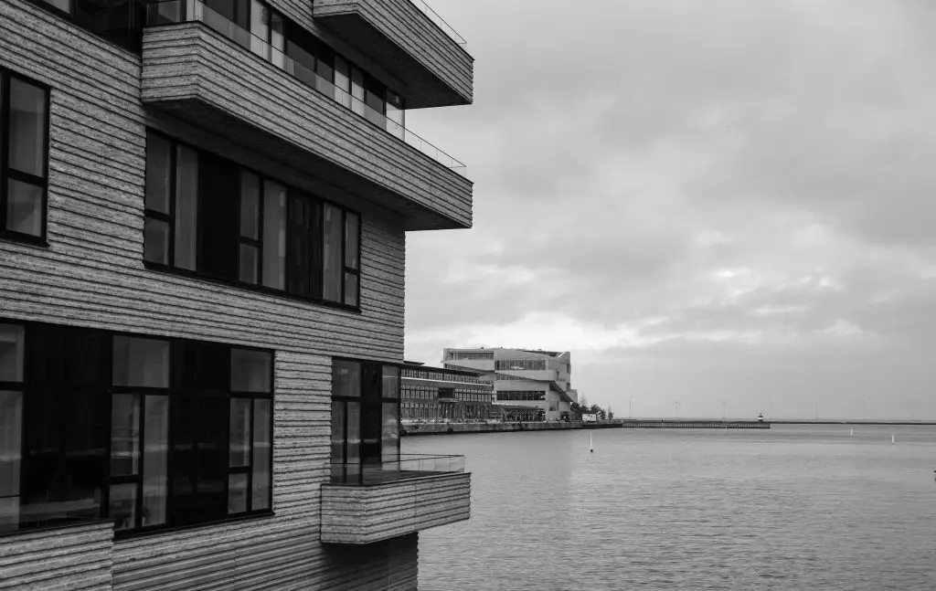 Timber Balconies over the Harbour Timber-clad balconies above the Copenhagen harbour, black and white