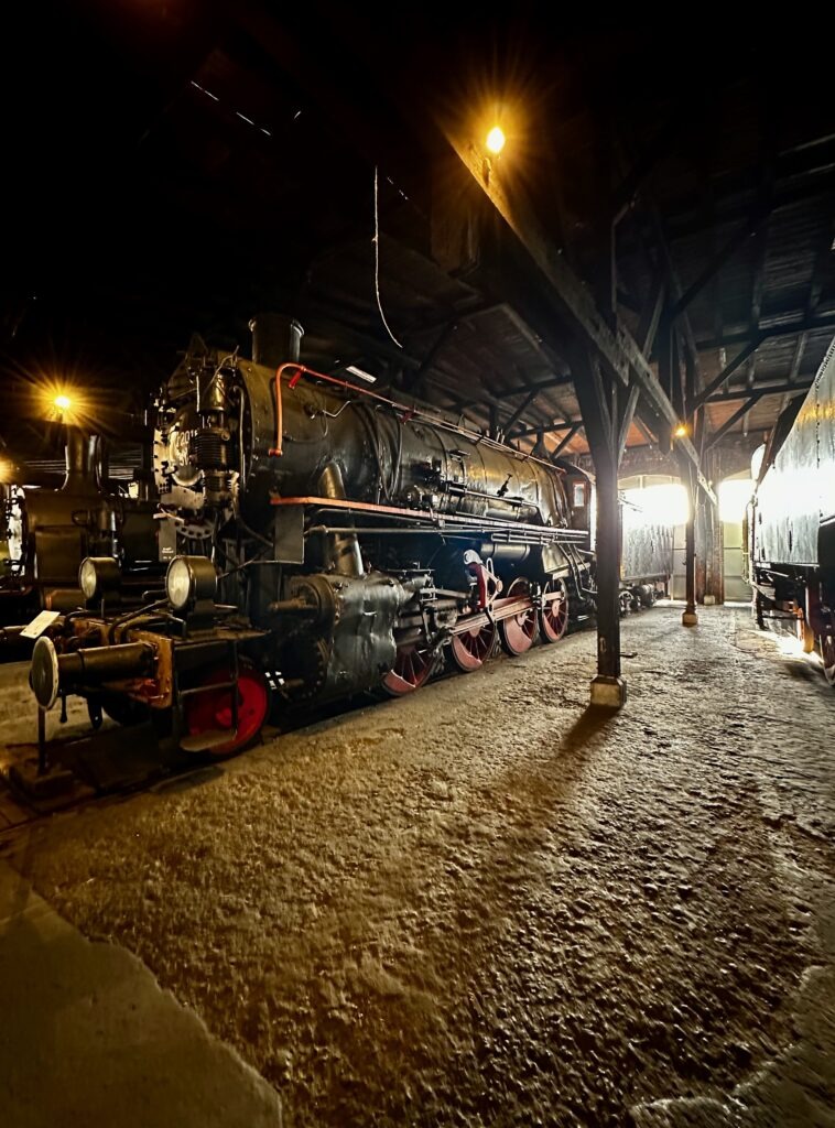 Railway and Energy Historic steam locomotives beneath a station canopy lit by street lamps at night