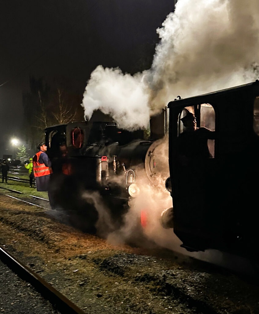 Steam and Crew Narrow-gauge steam locomotive and crew in billowing steam at night, Upper Silesian Narrow Gauge Railway, Bytom