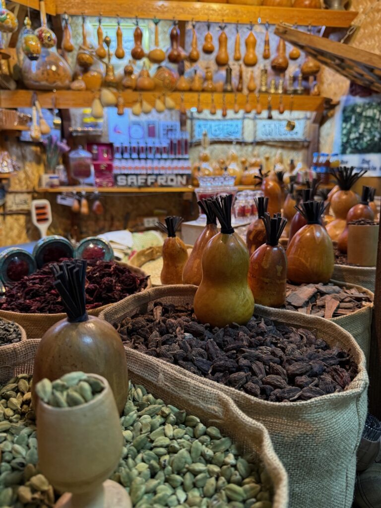 Close-up of spices and dried fruit at a market stall, Bukhara, Uzbekistan