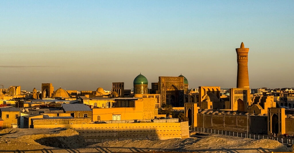 WWide golden-hour panorama of Bukhara's old town,Uzbekistan