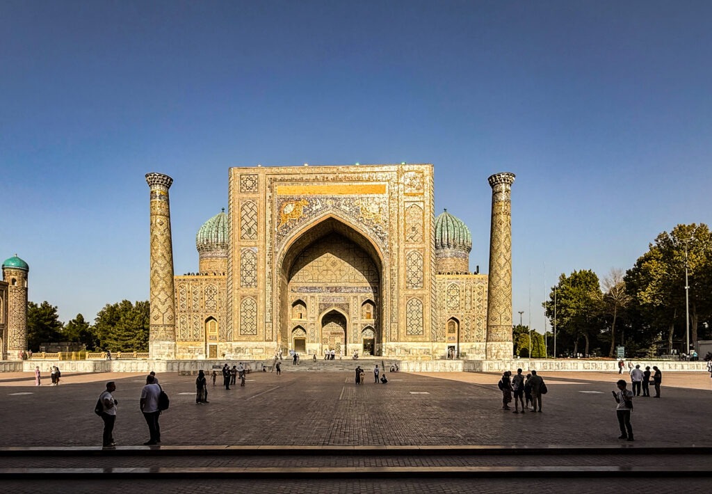 Clean daylight view of madrasa architecture, Samarkand, Uzbekistan