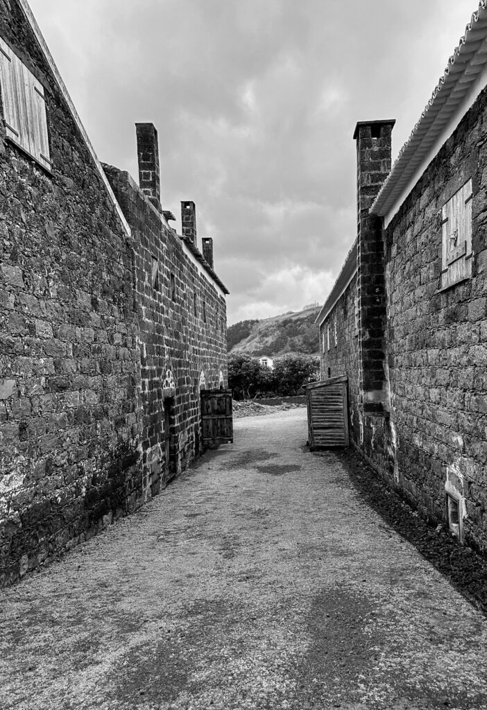 Black and white photograph of a narrow stone street in an Azores village