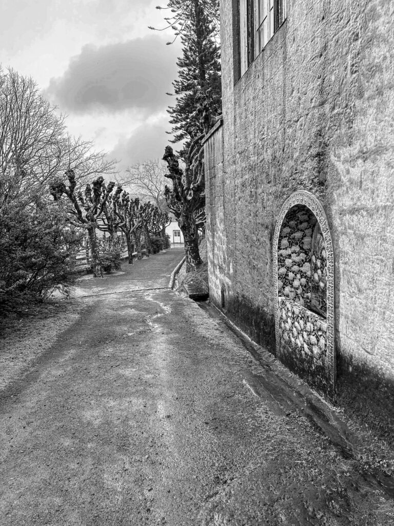 Black and white view of a quiet stone road between walls in the Azores