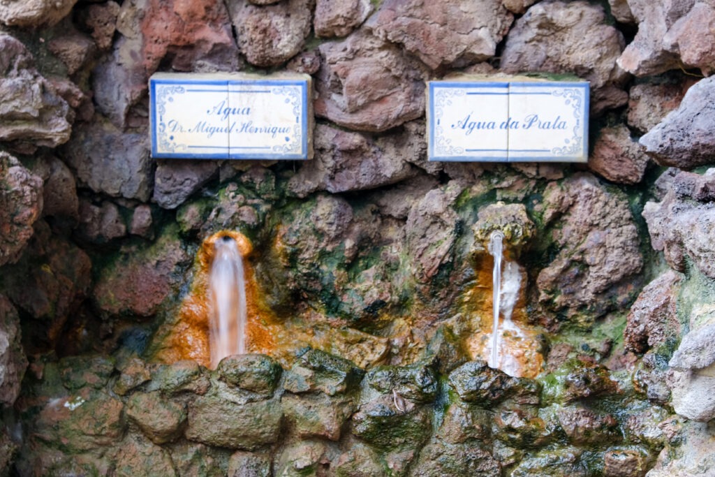 Natural thermal water springs flowing from a mineral-stained stone wall, Azores
