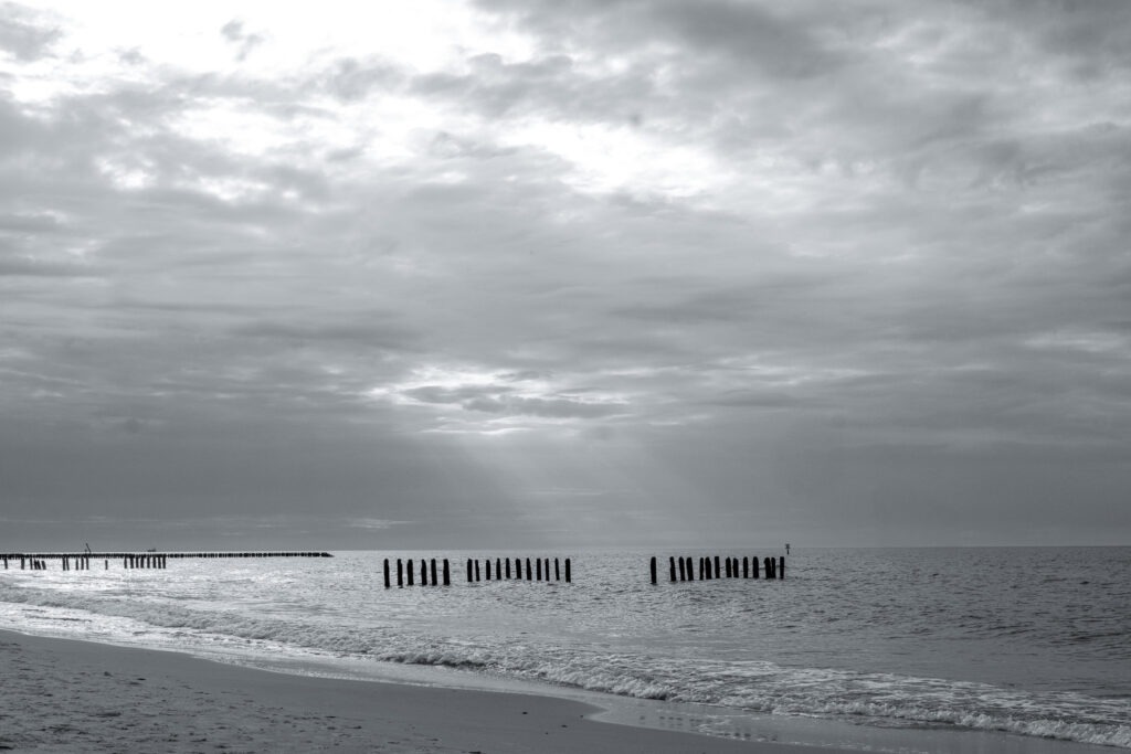 Three rows of wooden posts standing in calm Baltic Sea water, black and white minimalist fine art photograph